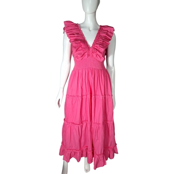 House Of Harlow 1960 Ruffled Tiered Maxi Dress Pockets Pink Small Milkmaid - Picture 2 of 9